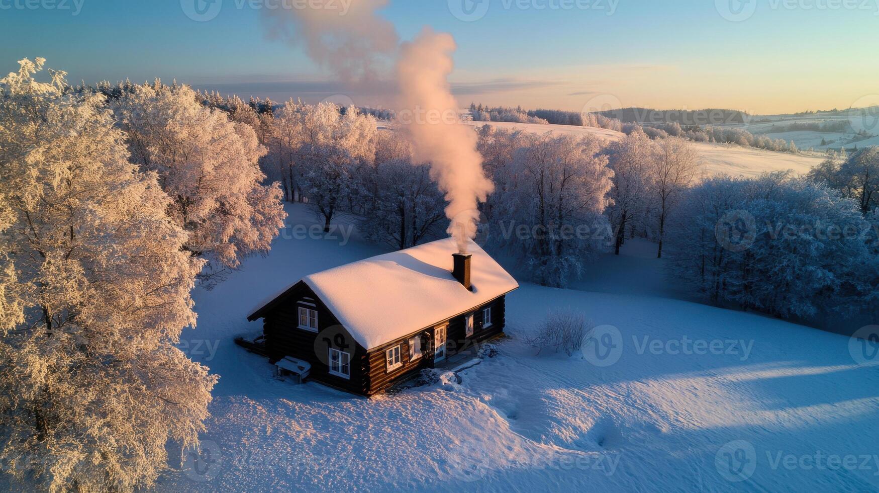 An aerial view of a small cabin in the snow photo