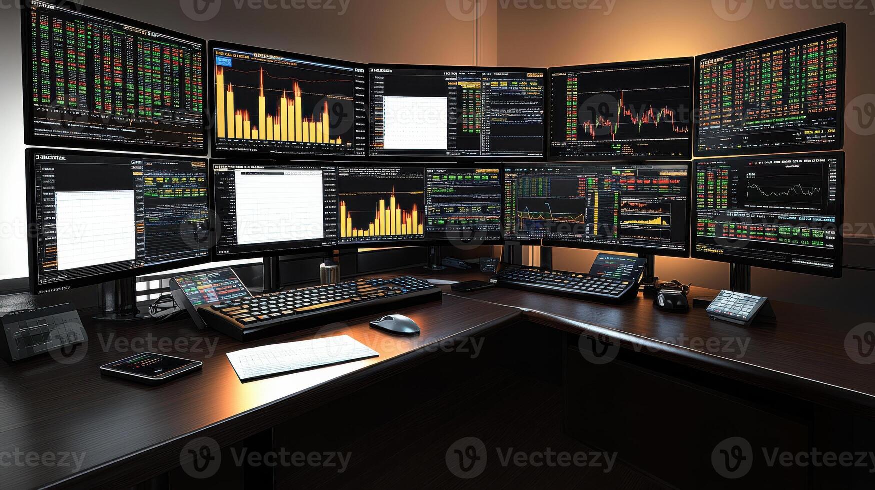 modern trading desk with multiple screens displaying market data and charts photo