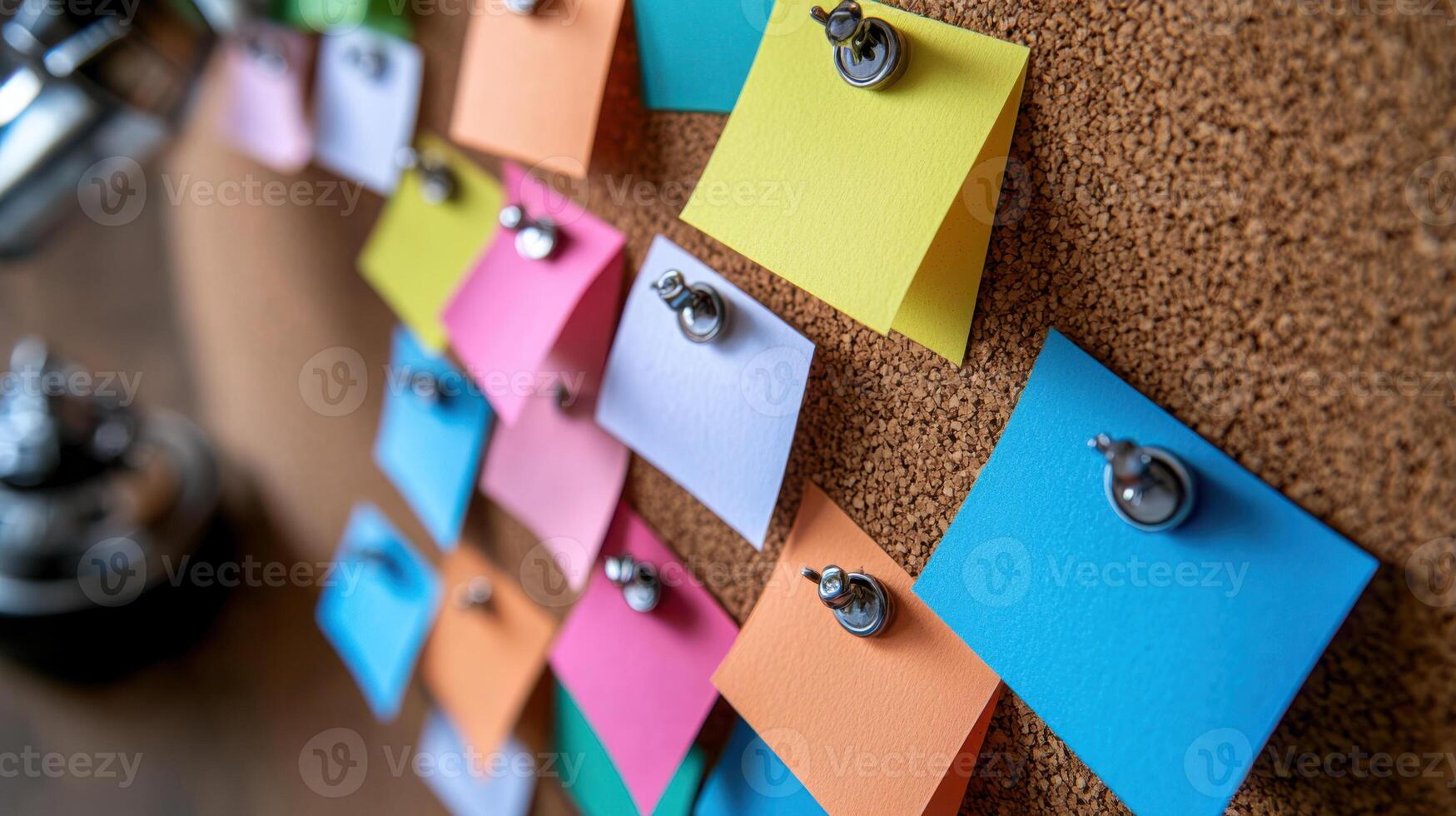 A cork board with many post it notes attached to it photo
