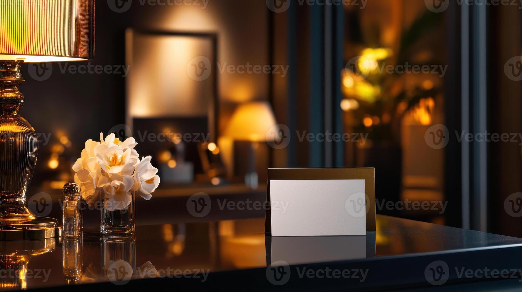 luxury hotel business card on stylish table with flowers and soft lighting photo