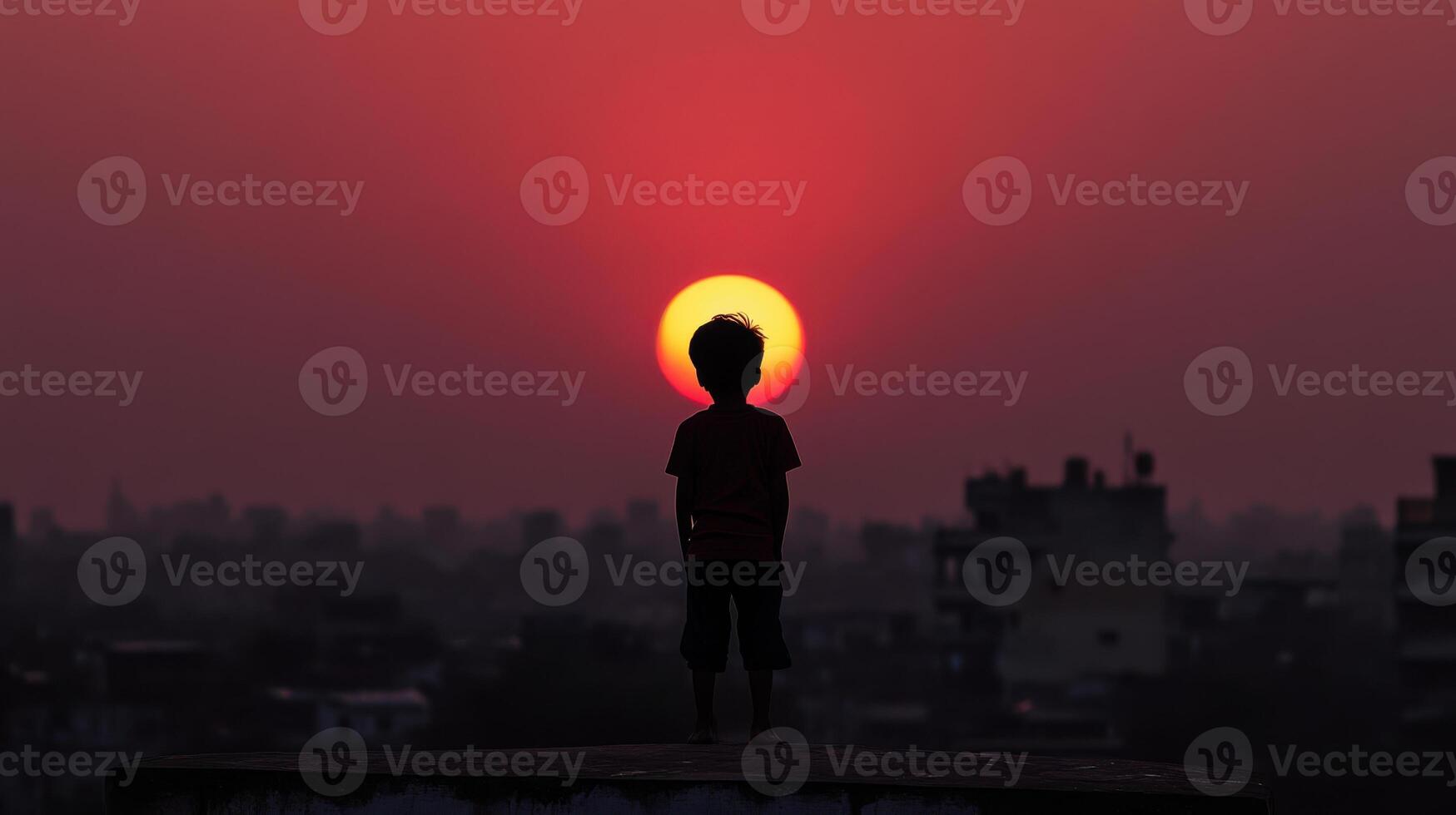 child standing on rooftop, gazing at vibrant sunset photo