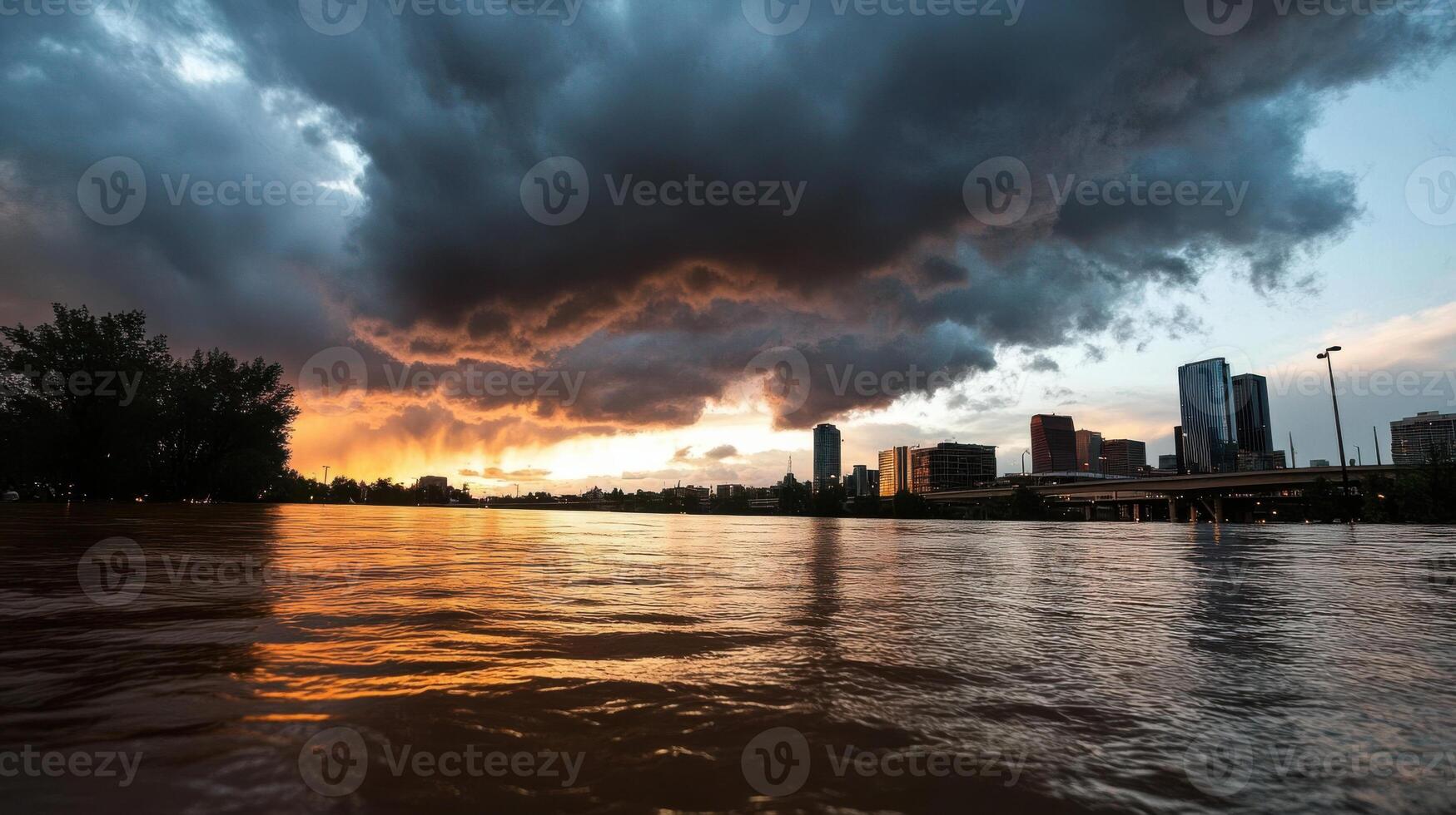 city skyline partially submerged in floodwaters under dark clouds photo