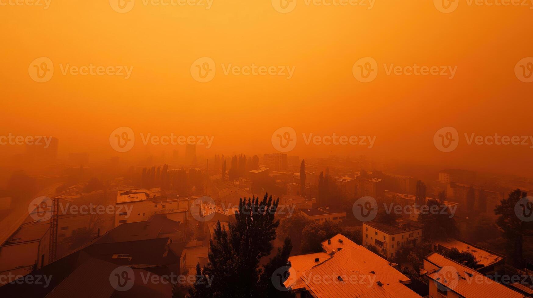 city covered in smog, polluted air, and orange tint creates surreal atmosphere photo