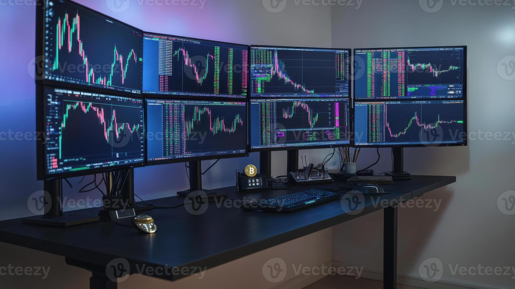 A desk with four monitors and a keyboard photo