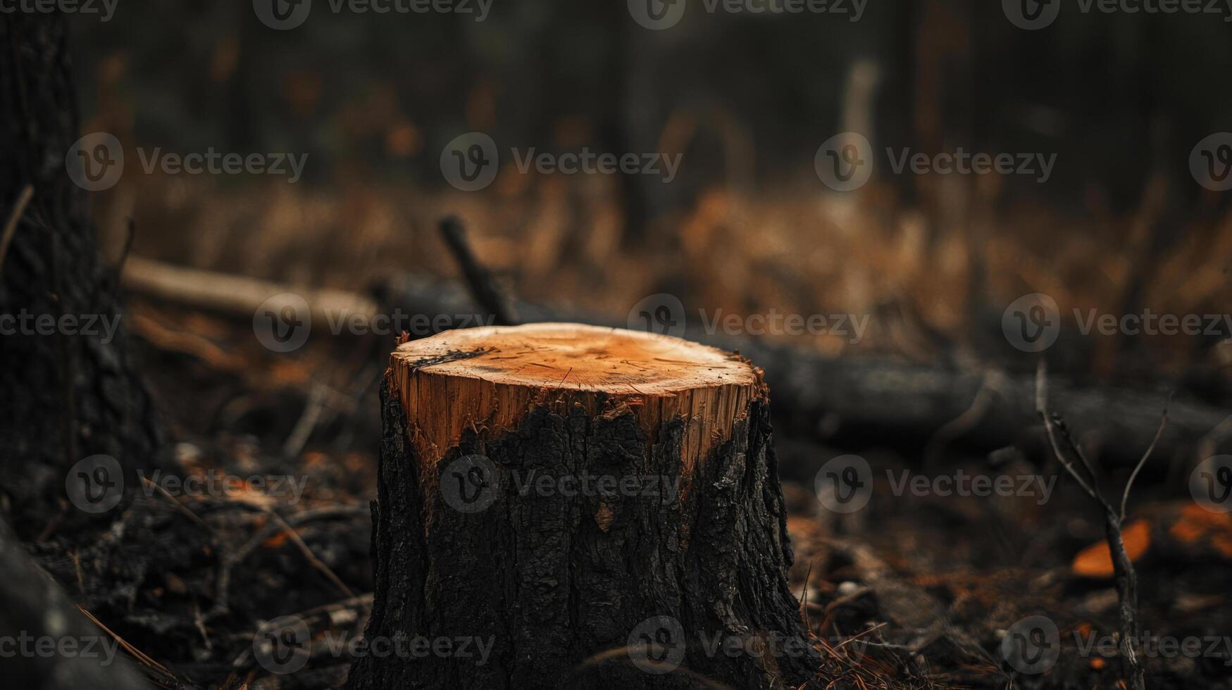 tree stump in deforested area, surrounded by burnt vegetation and debris photo