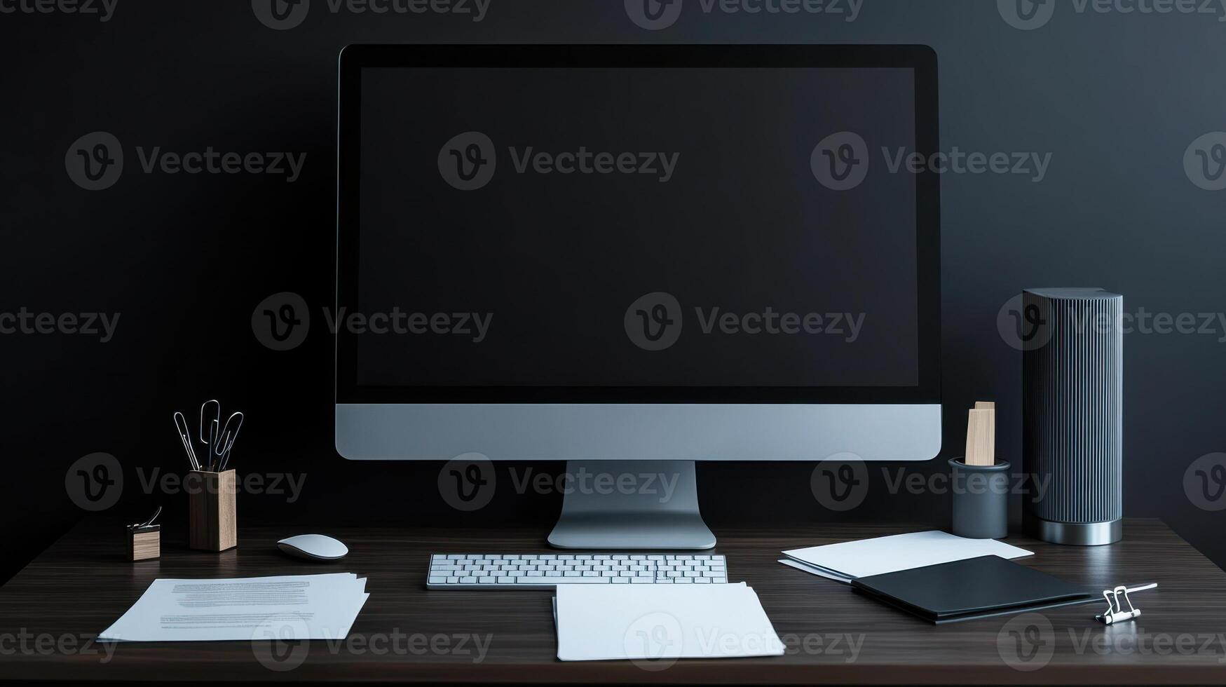 modern corporate office desk featuring computer, documents, and stationery photo