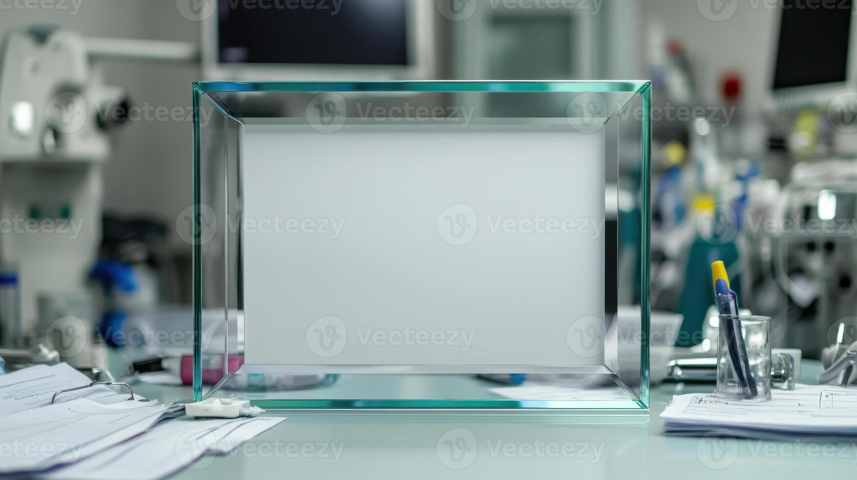 contemporary glass frame on cluttered desk in modern workspace photo