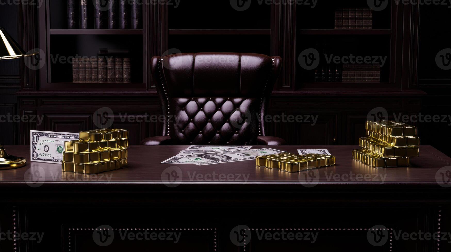 A desk with a chair and a lamp on it photo