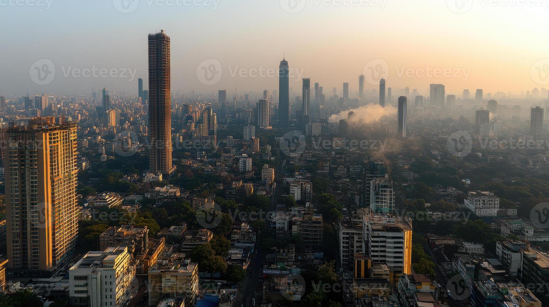 A city skyline with tall buildings and trees photo