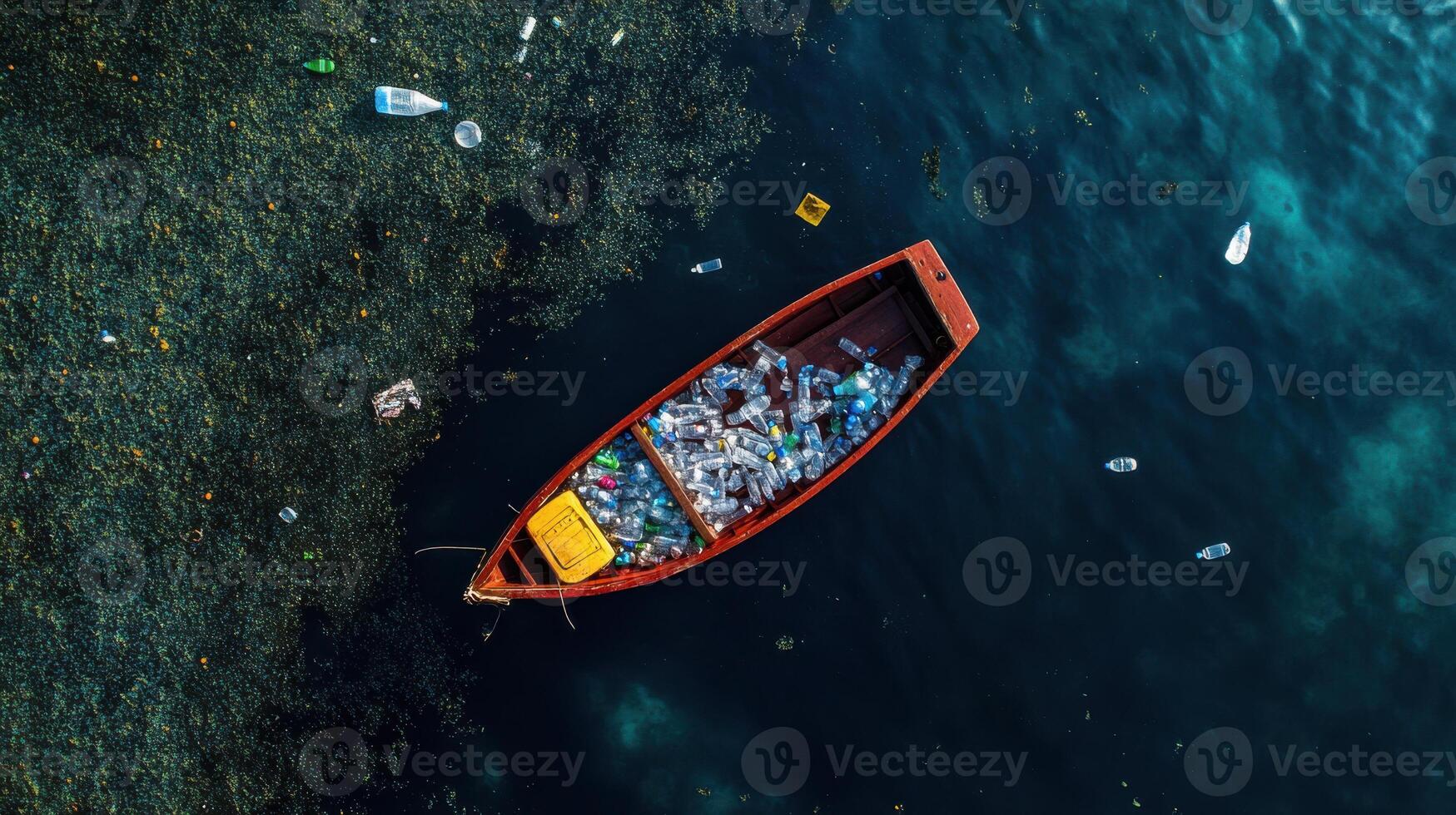 An aerial view of a boat floating in the ocean photo