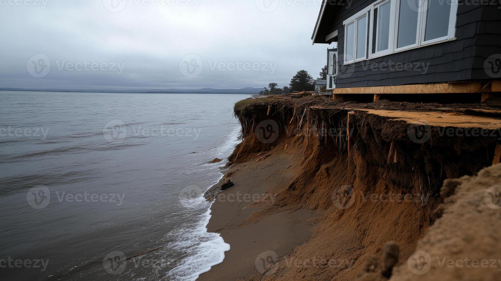 Coastal home eroding into sea due to severe erosion and weathering photo