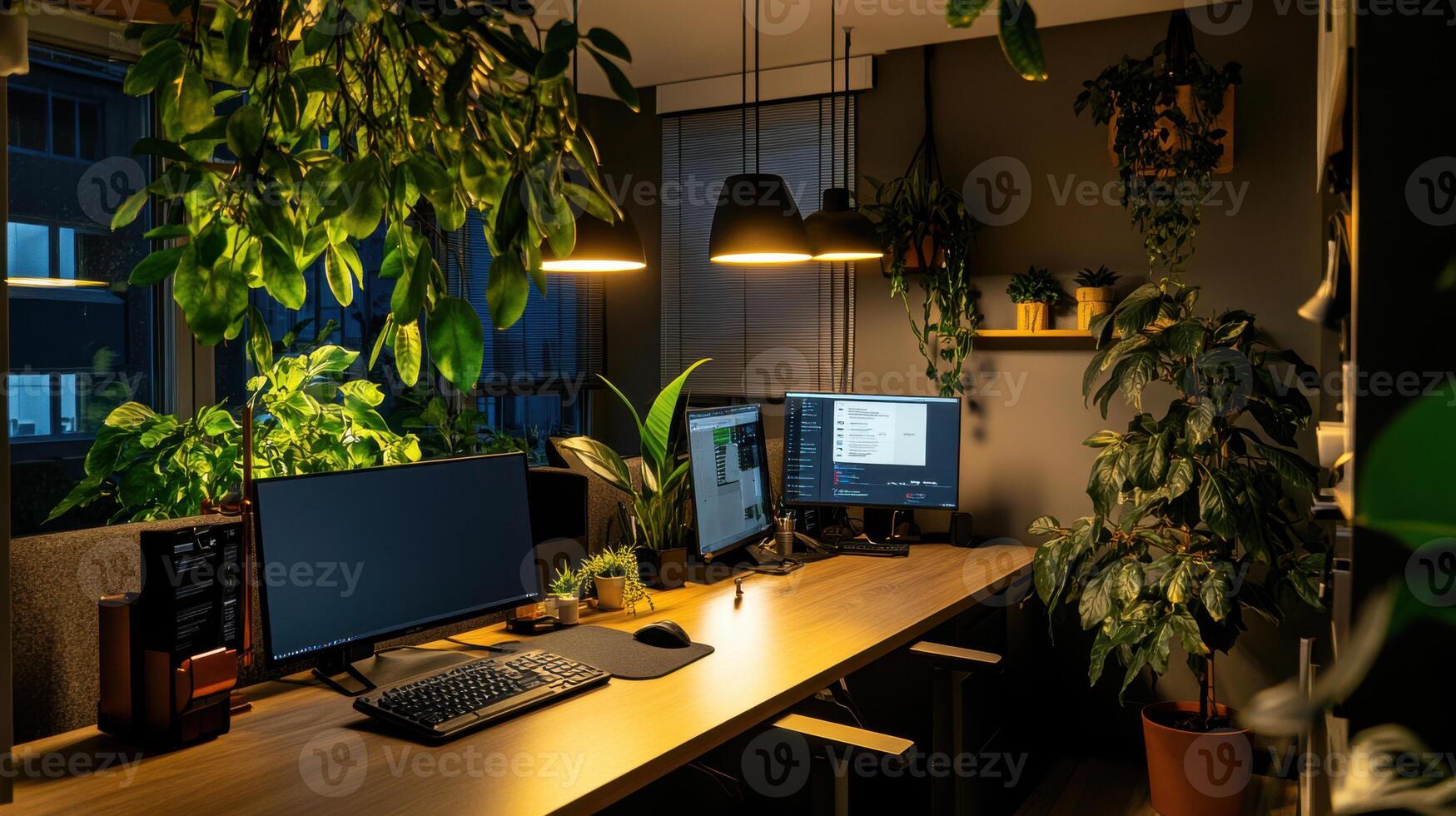 cozy office space with soft overhead lighting and lush plants creates serene atmosphere photo