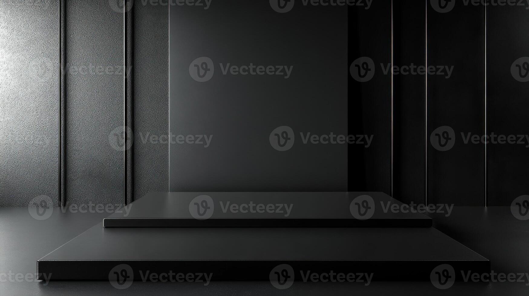 Black stage with a podium in front of a wall photo