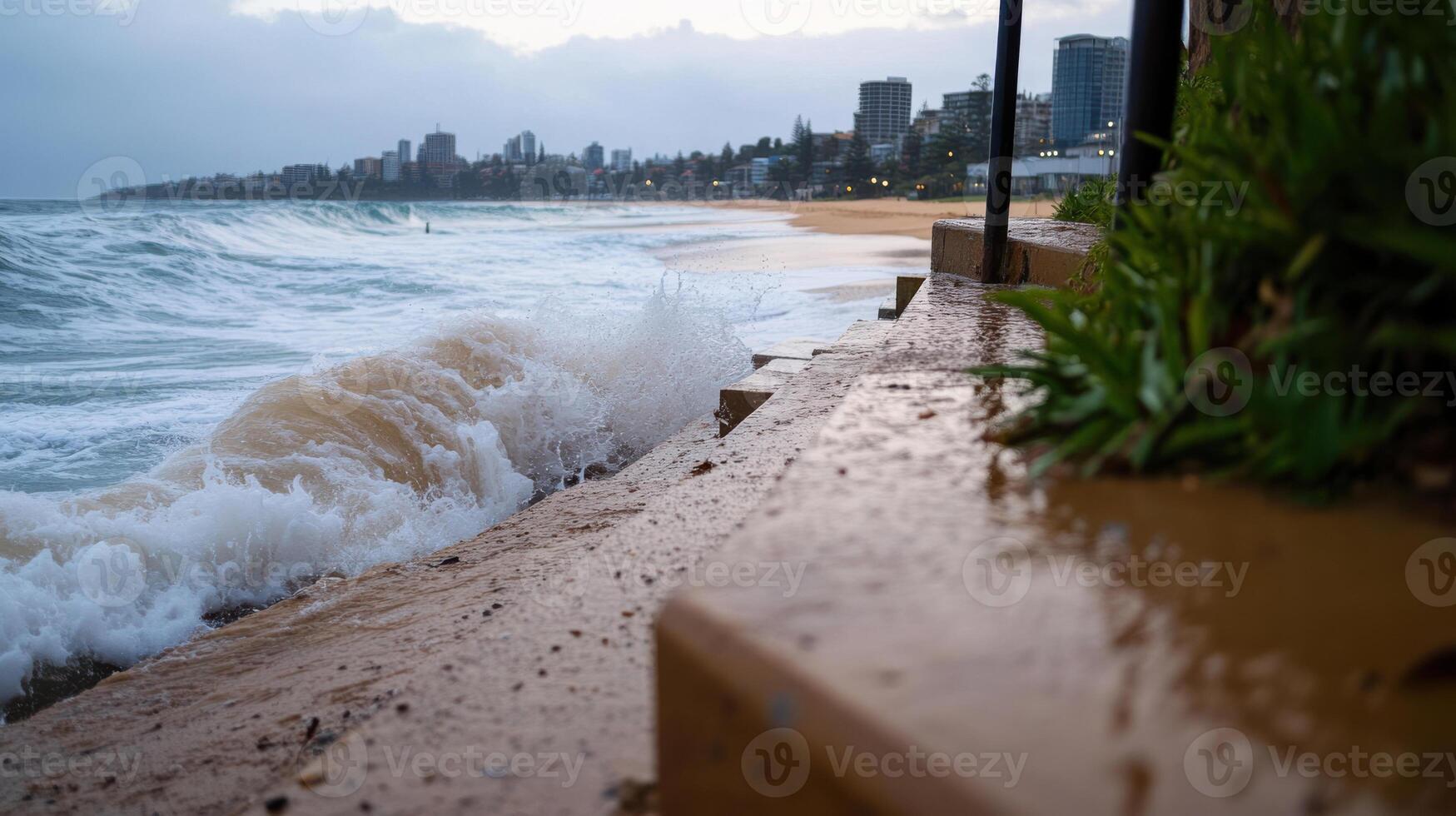 Waves crashing on sandy beach with city skyline in background photo