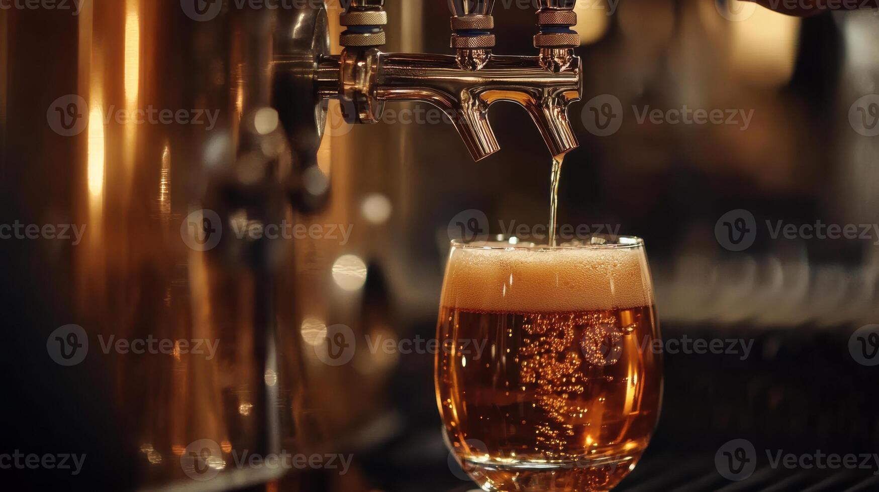 bartender pours beer from tap into glass, creating frothy head photo