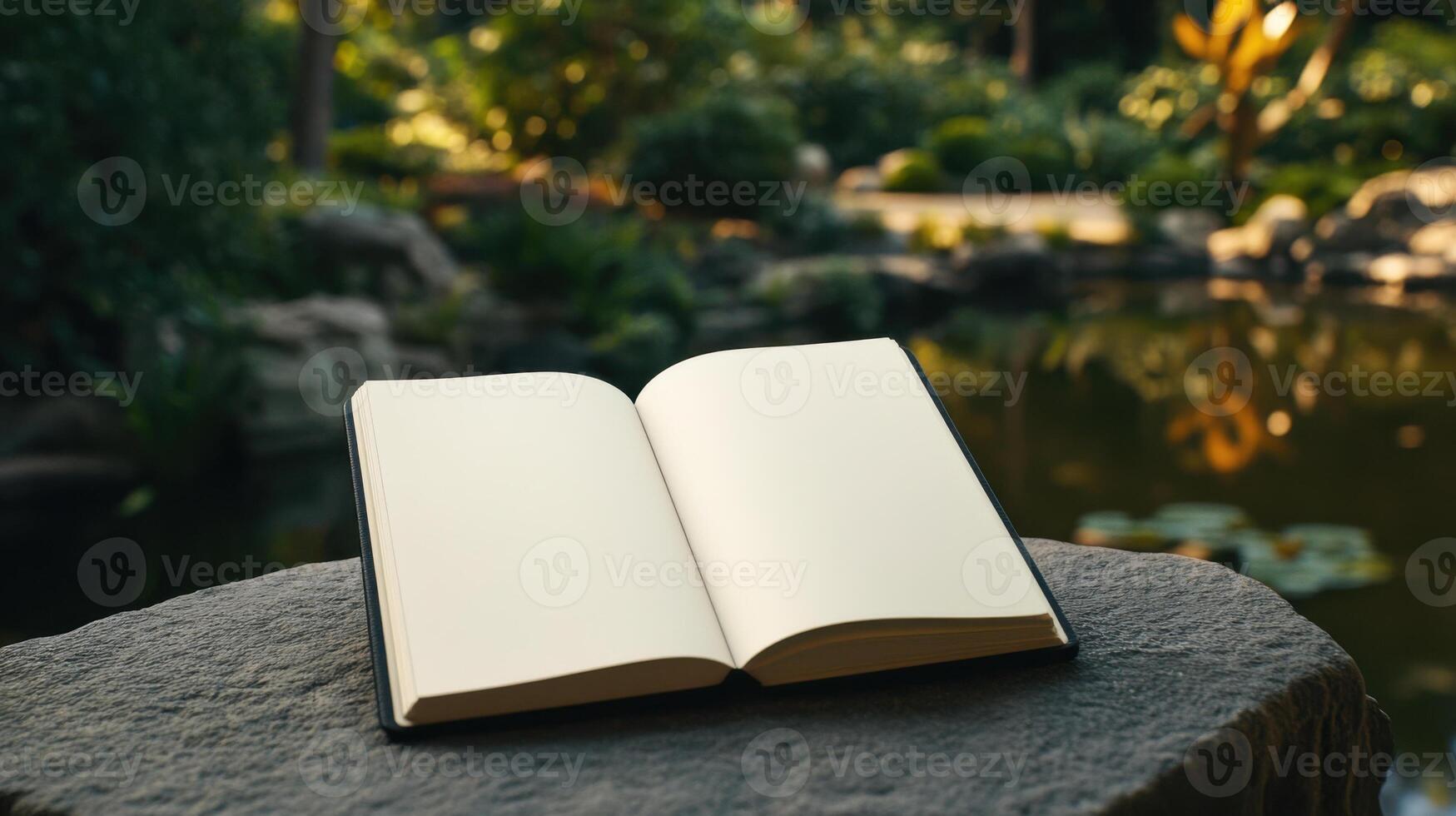 An open book on a stone table in the garden photo