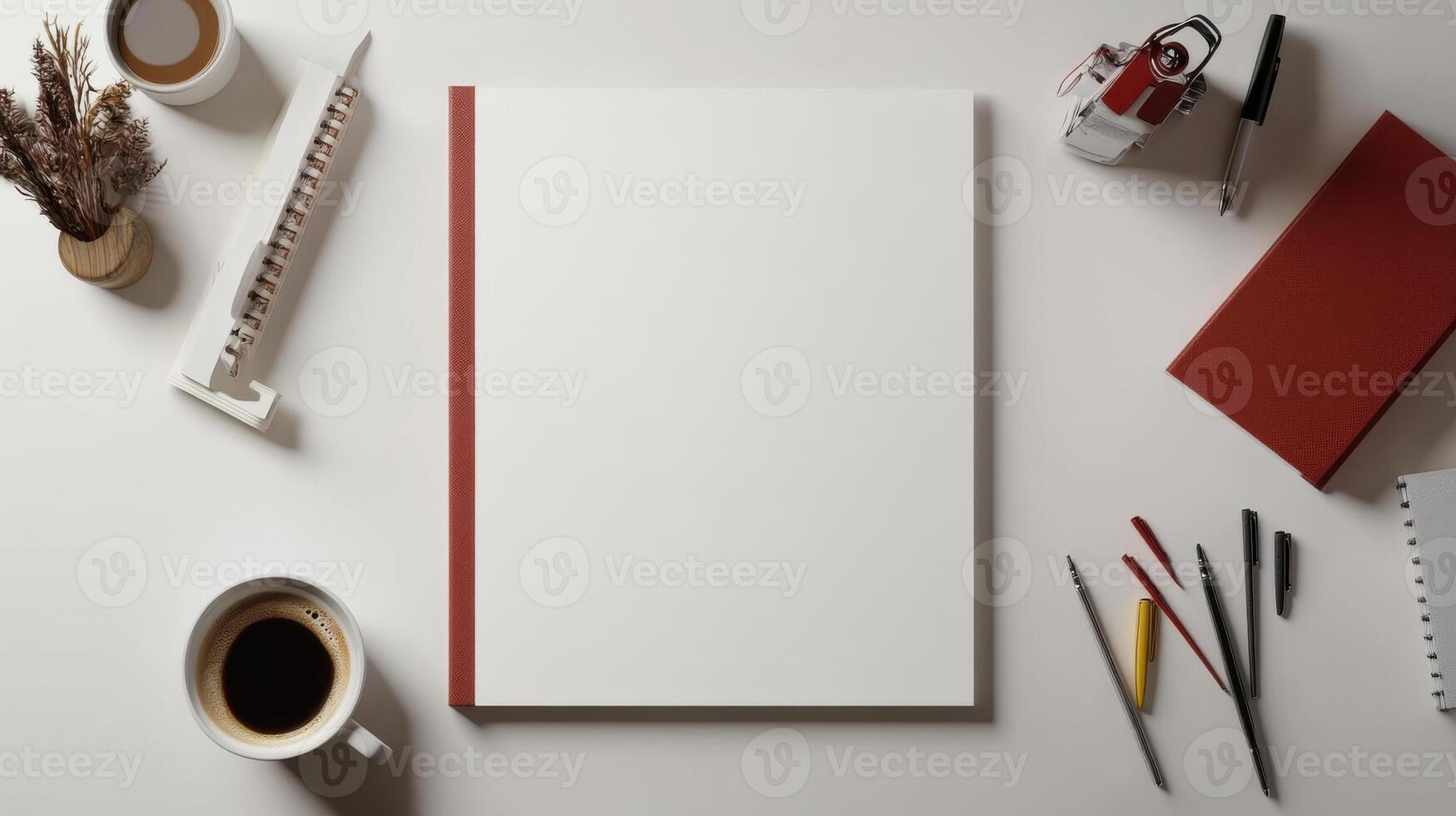 A white desk with a red border and a notebook photo