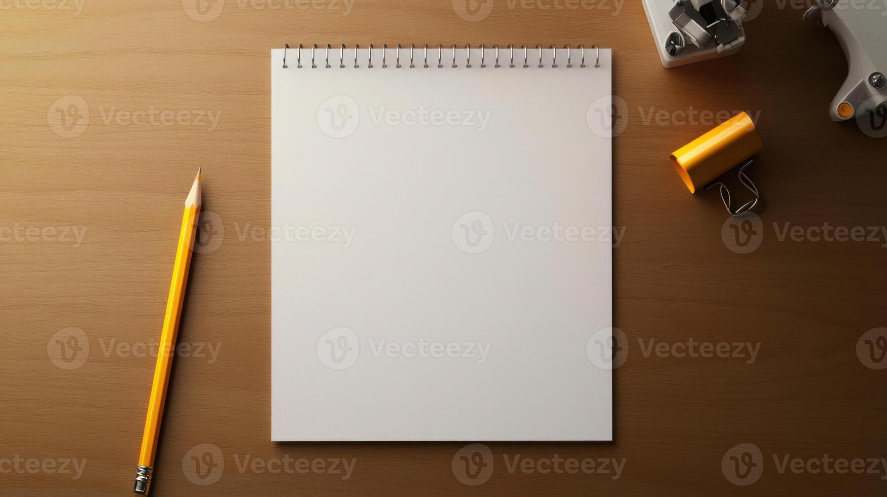 A notepad, pencil and a mouse are sitting on a wooden table photo