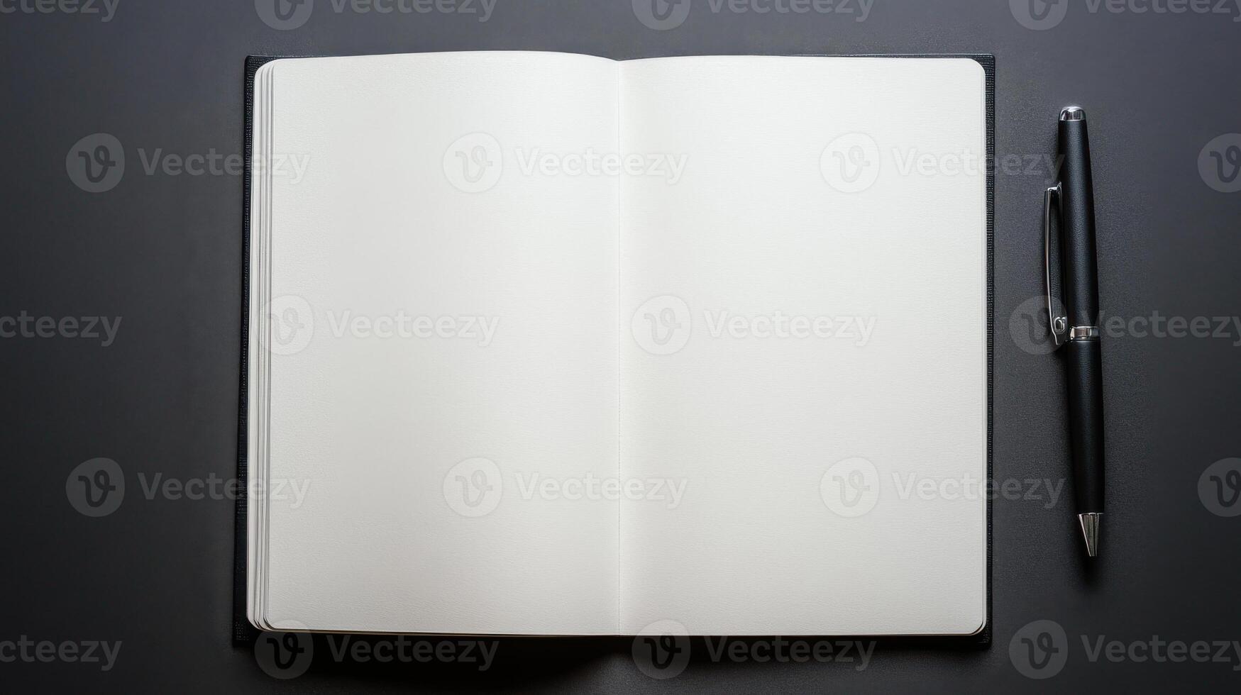 An open notebook and pen on a black background photo