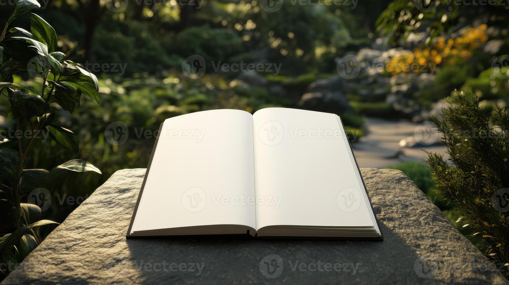 open journal resting on stone table in serene garden photo