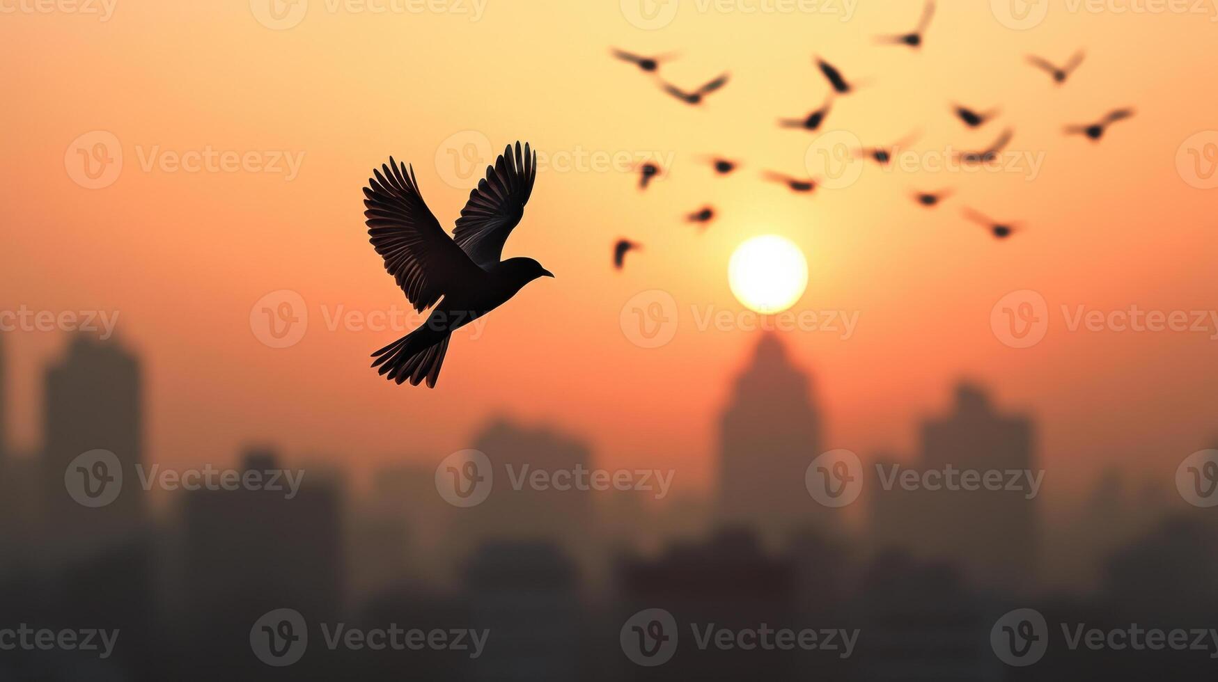 A bird flying over a city at sunset photo