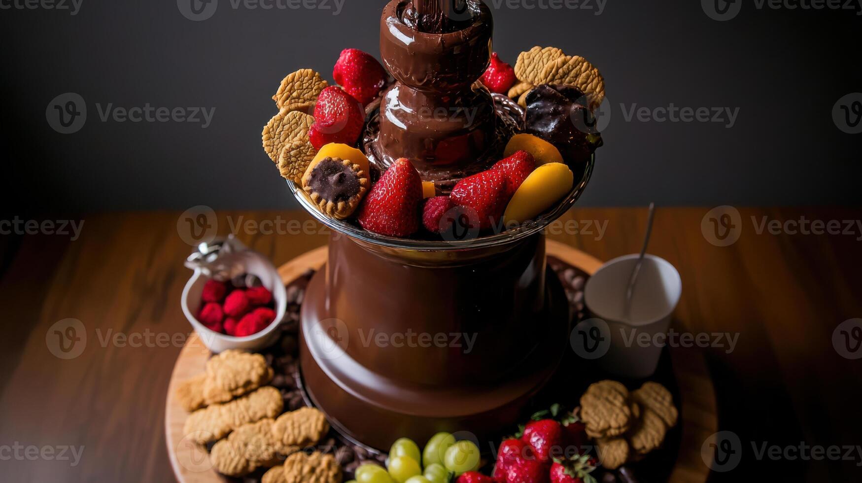 delicious chocolate fountain surrounded by fresh fruit and cookies photo