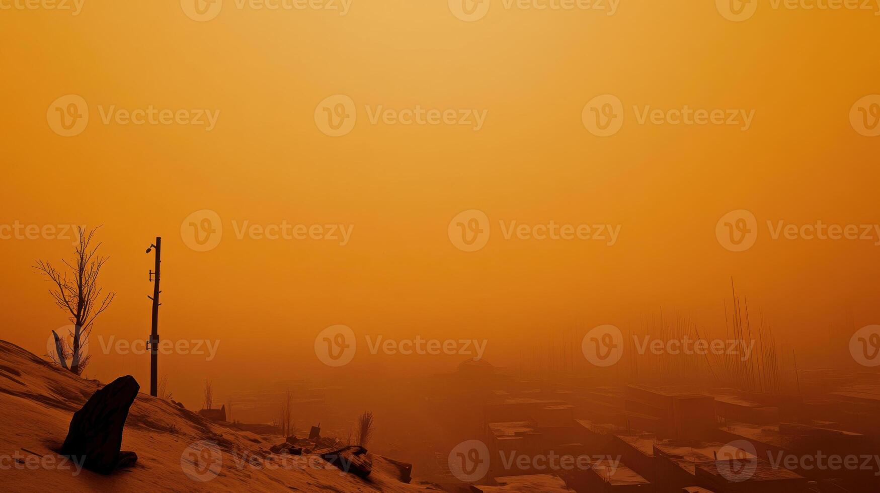 city covered in smog, polluted air, and orange tinted sky creates surreal atmosphere photo