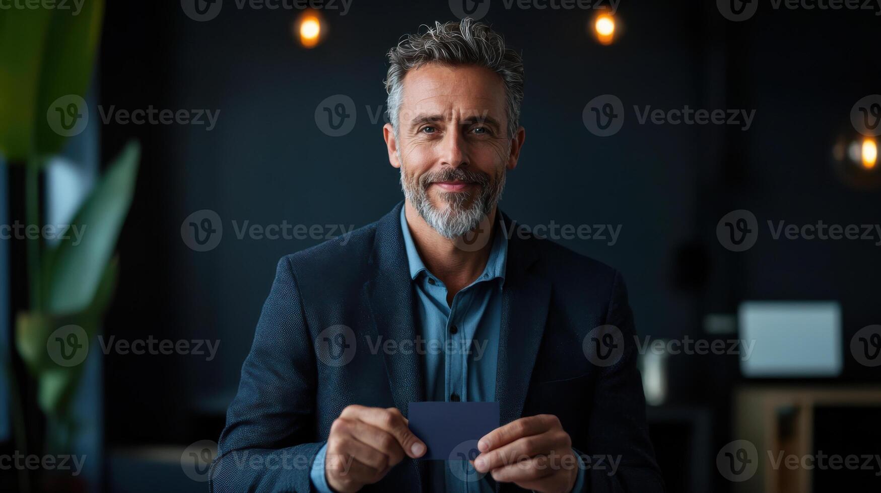 A man in a suit holding a business card photo