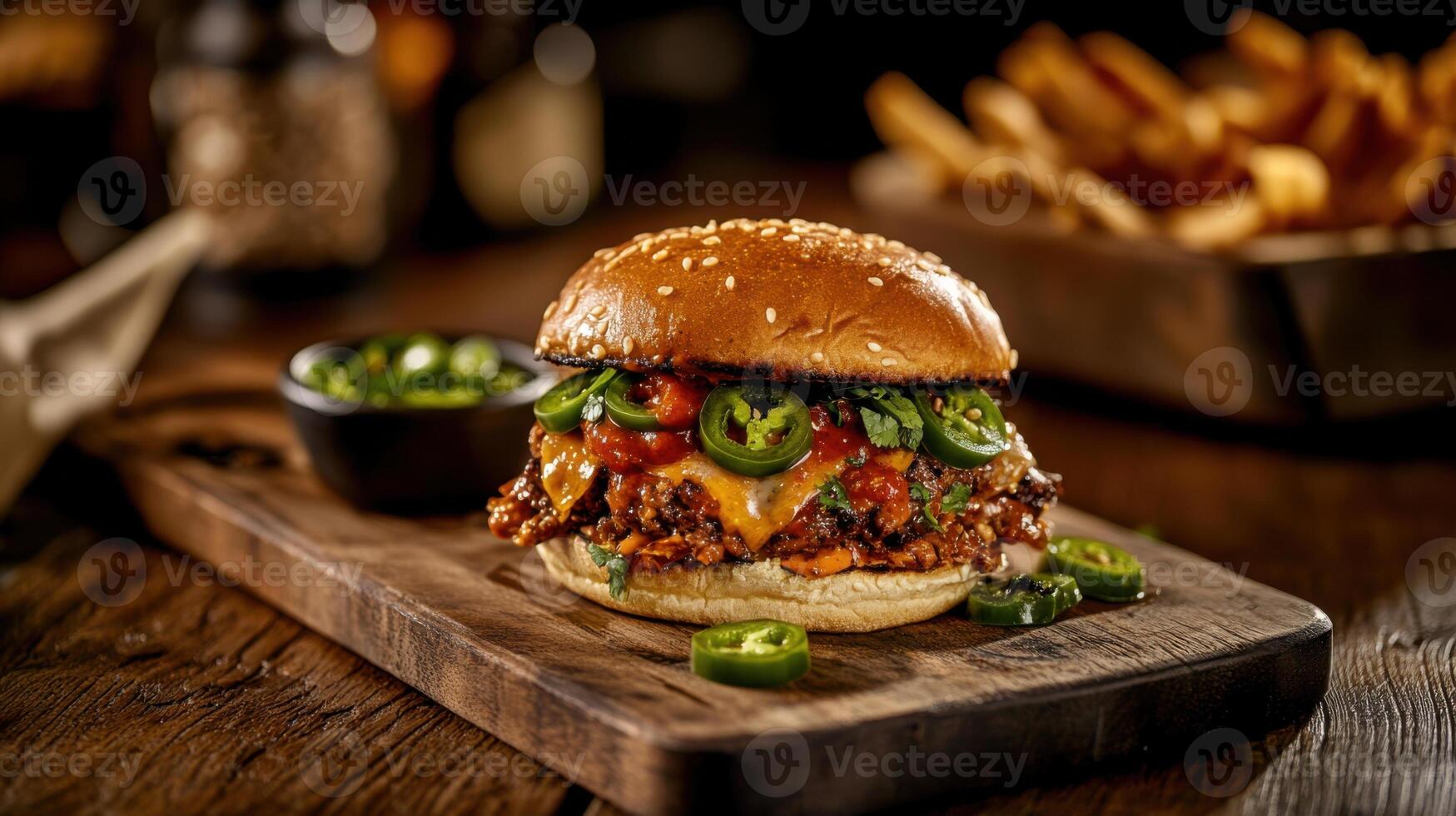 A burger with cheese, chili and jalapenos on a wooden cutting board photo
