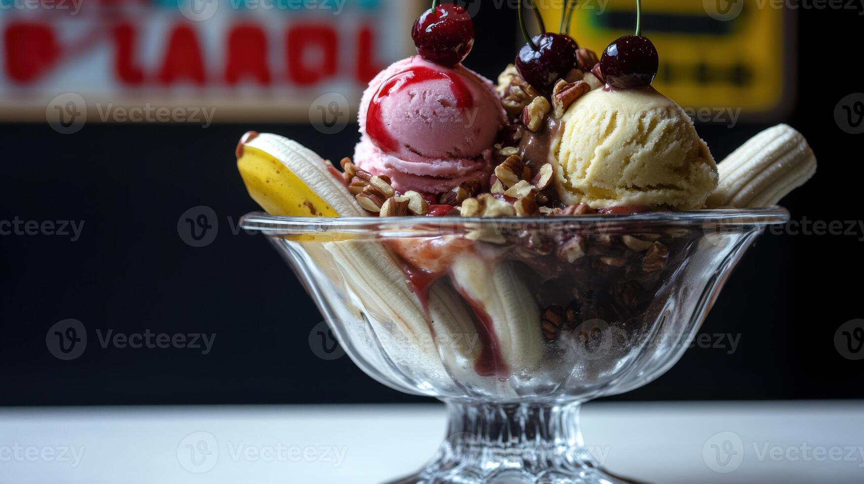 classic banana split with three scoops of ice cream, topped with cherries and nuts photo