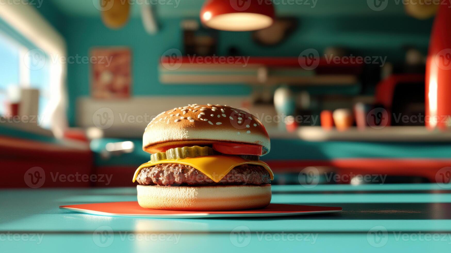 classic hamburger with soft toasted bun, fresh ingredients, and vibrant colors photo