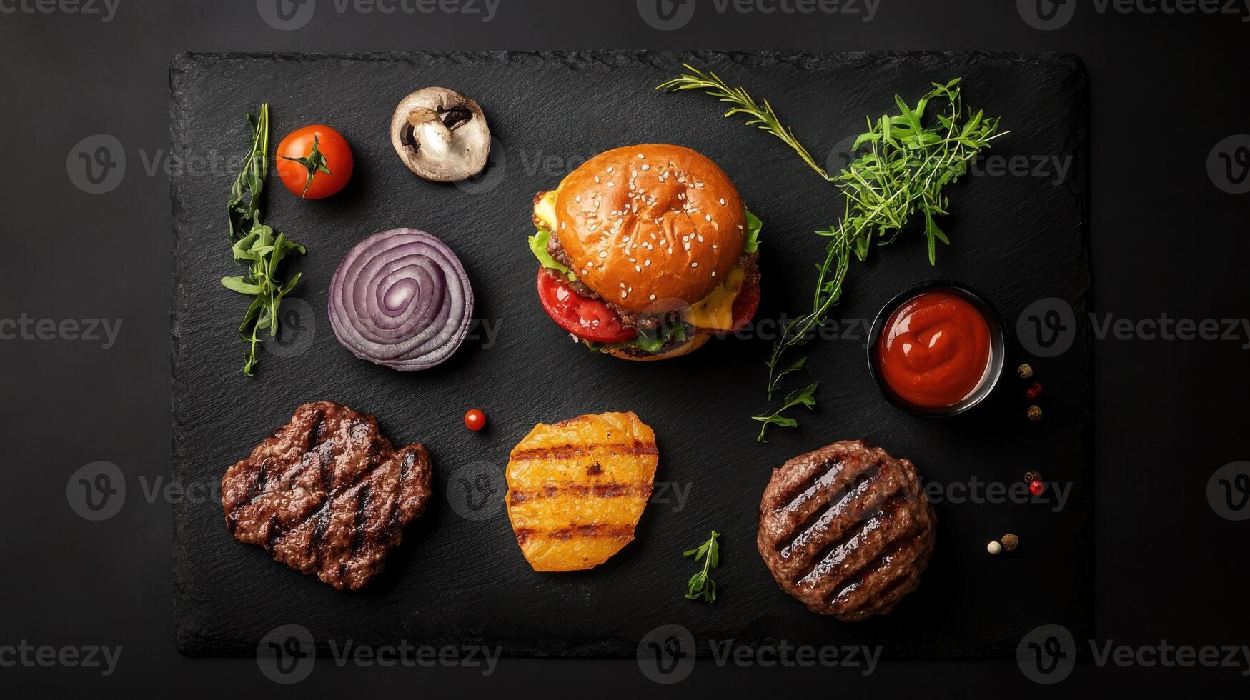delicious deconstructed burger with fresh ingredients and condiments photo