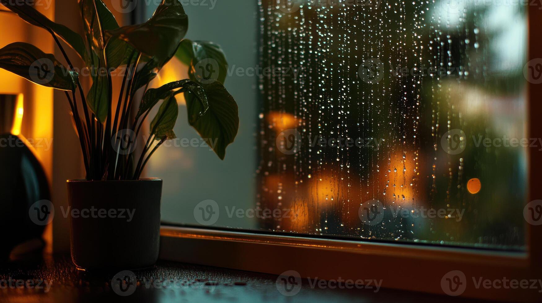 A potted plant sits on a window sill with raindrops on it photo