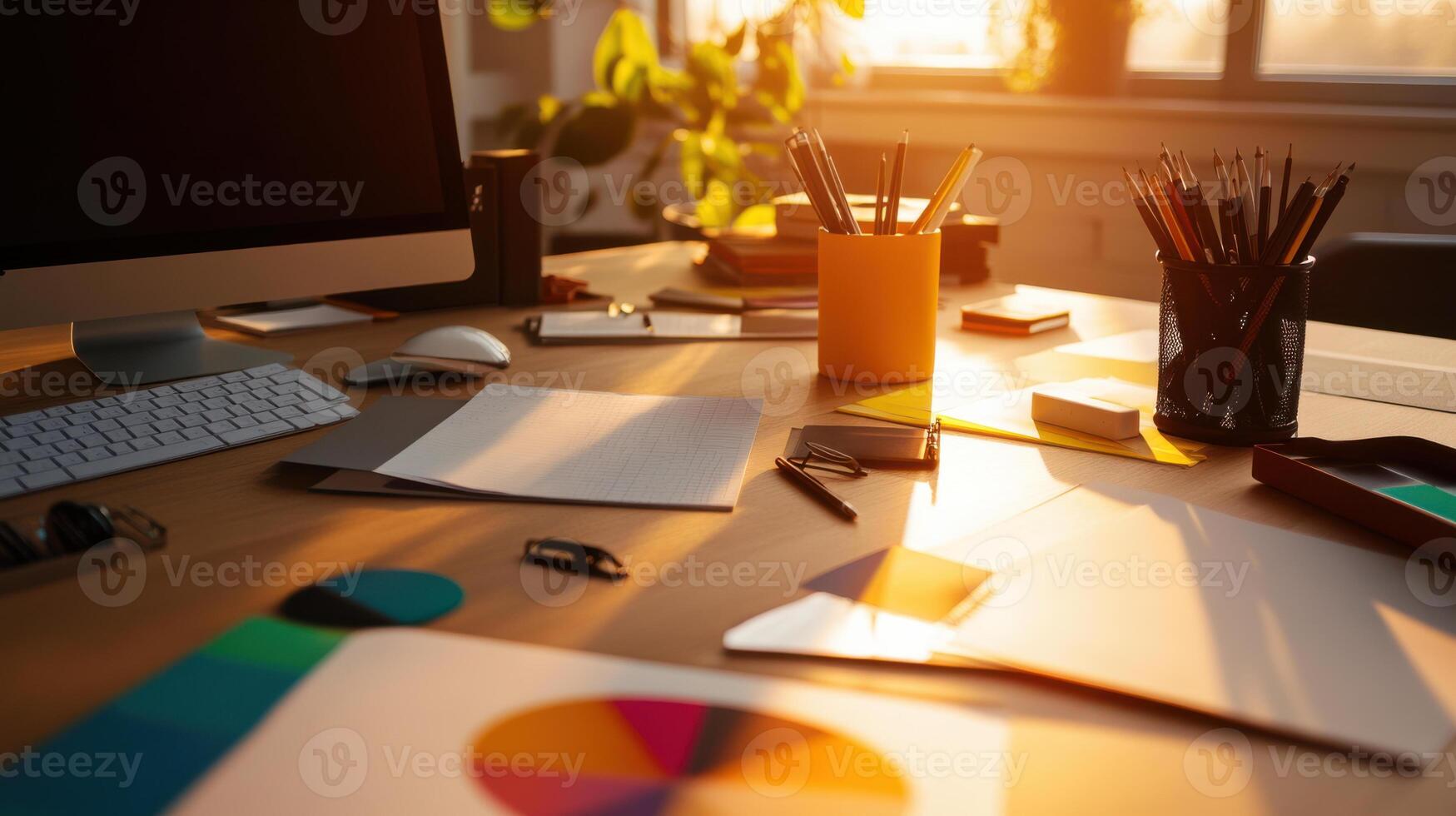 creative design studio workspace with warm afternoon light photo