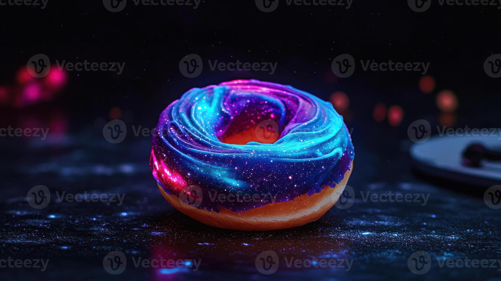 A colorful doughnut with a blue and purple swirl photo