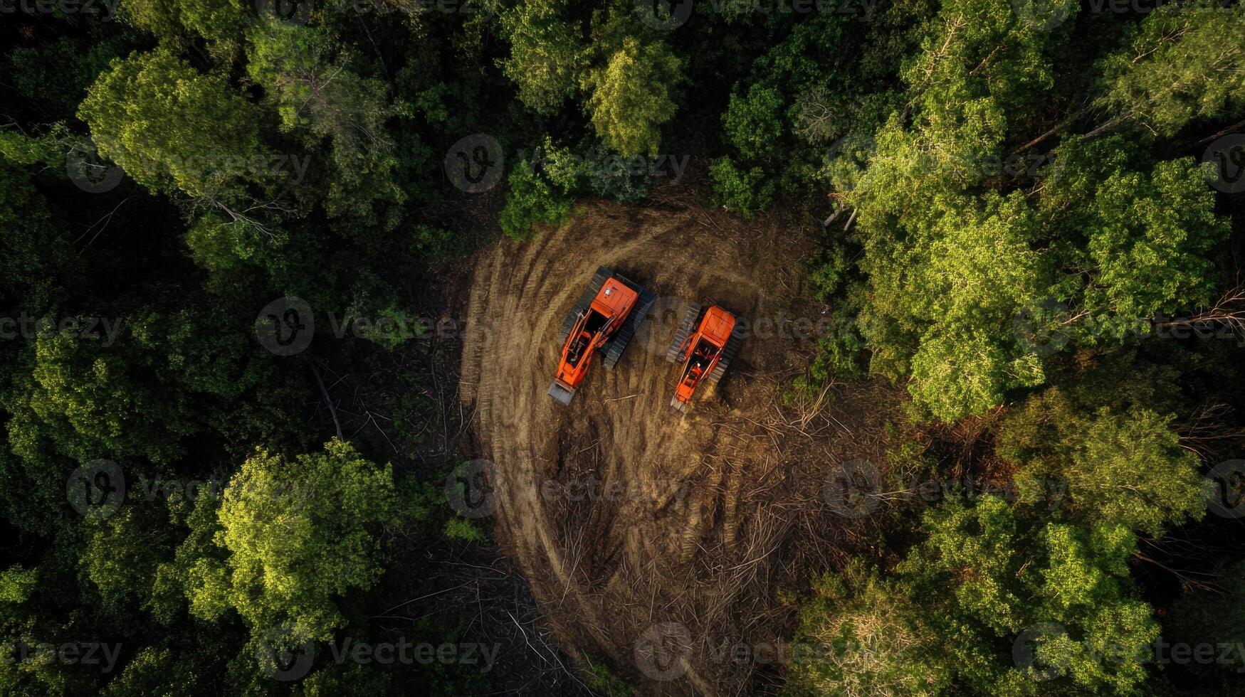 Deforestation area with machines clearing trees in green forest photo