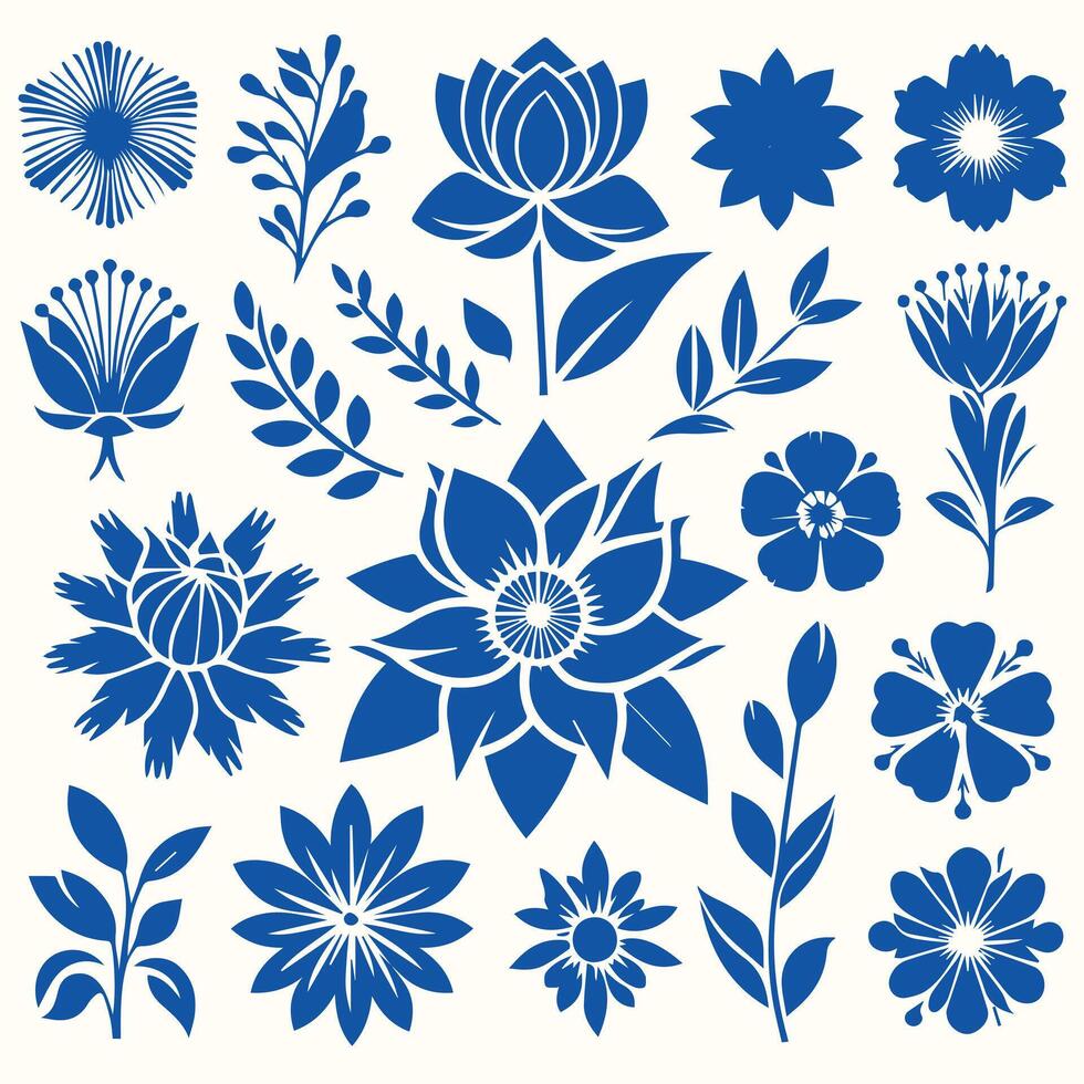 Set of blue flowers and leaves illustration vector