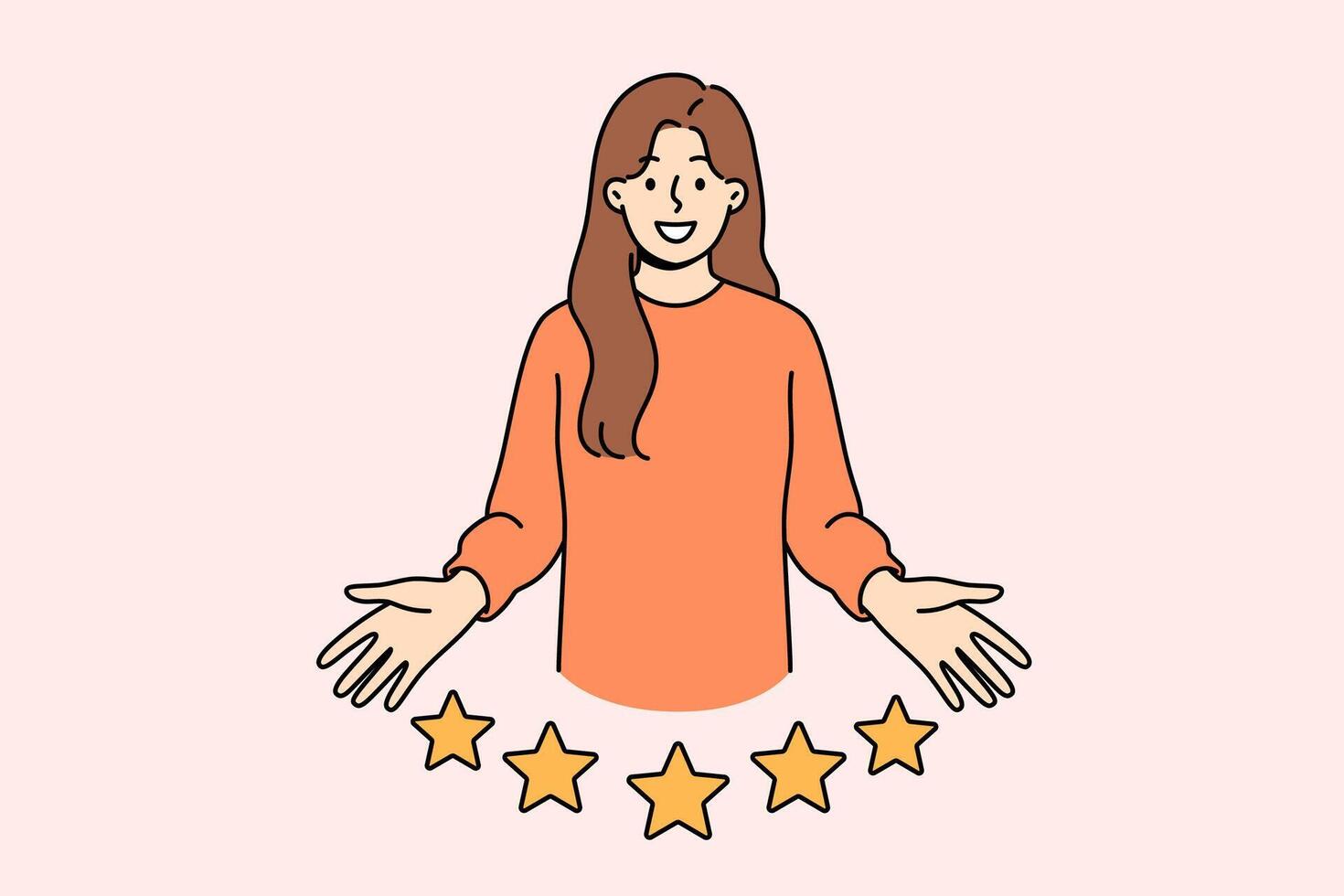 Woman user gives five-star rating for company and smiles while looking at screen vector