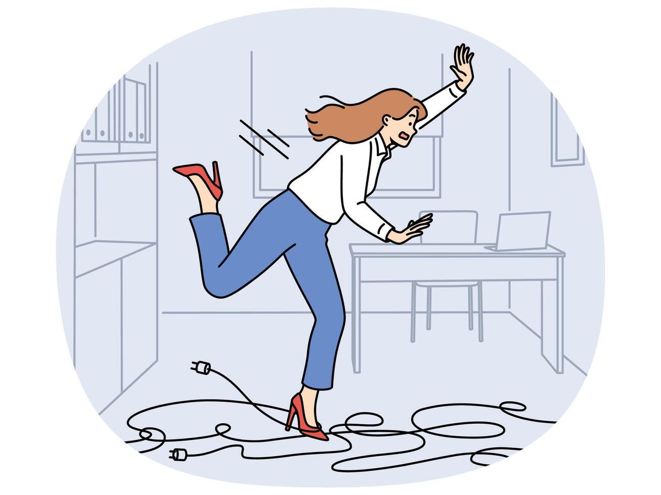 Businesswoman trips on wires and falls, risking injury due to clumsiness or mess in workplace vector