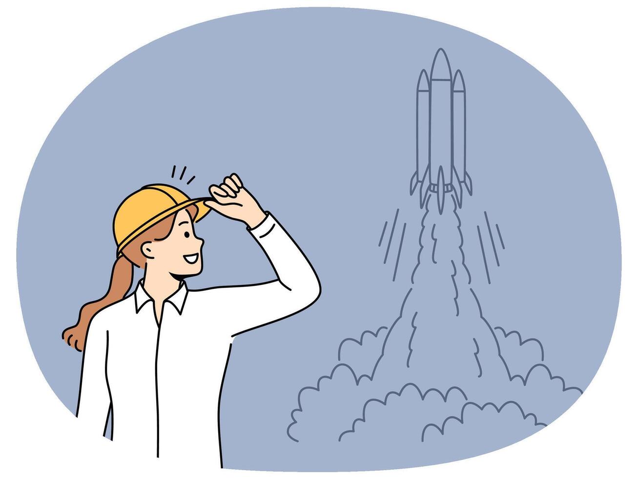 Woman engineer stands near taking off space rocket and watches successful takeoff of shuttle vector