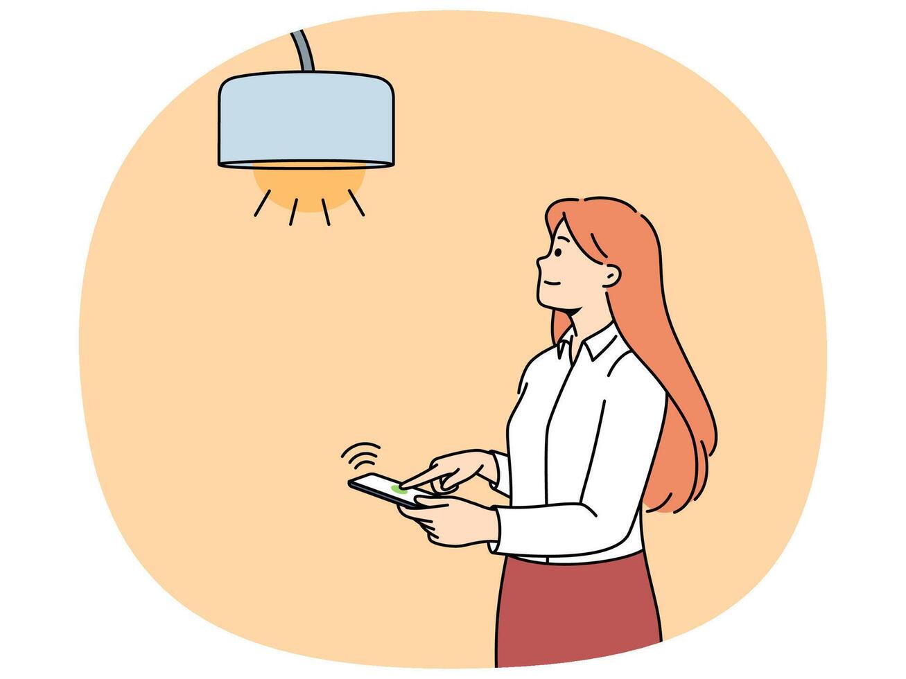 Woman controls lamp through mobile phone with iot or smart home application to turn on light vector