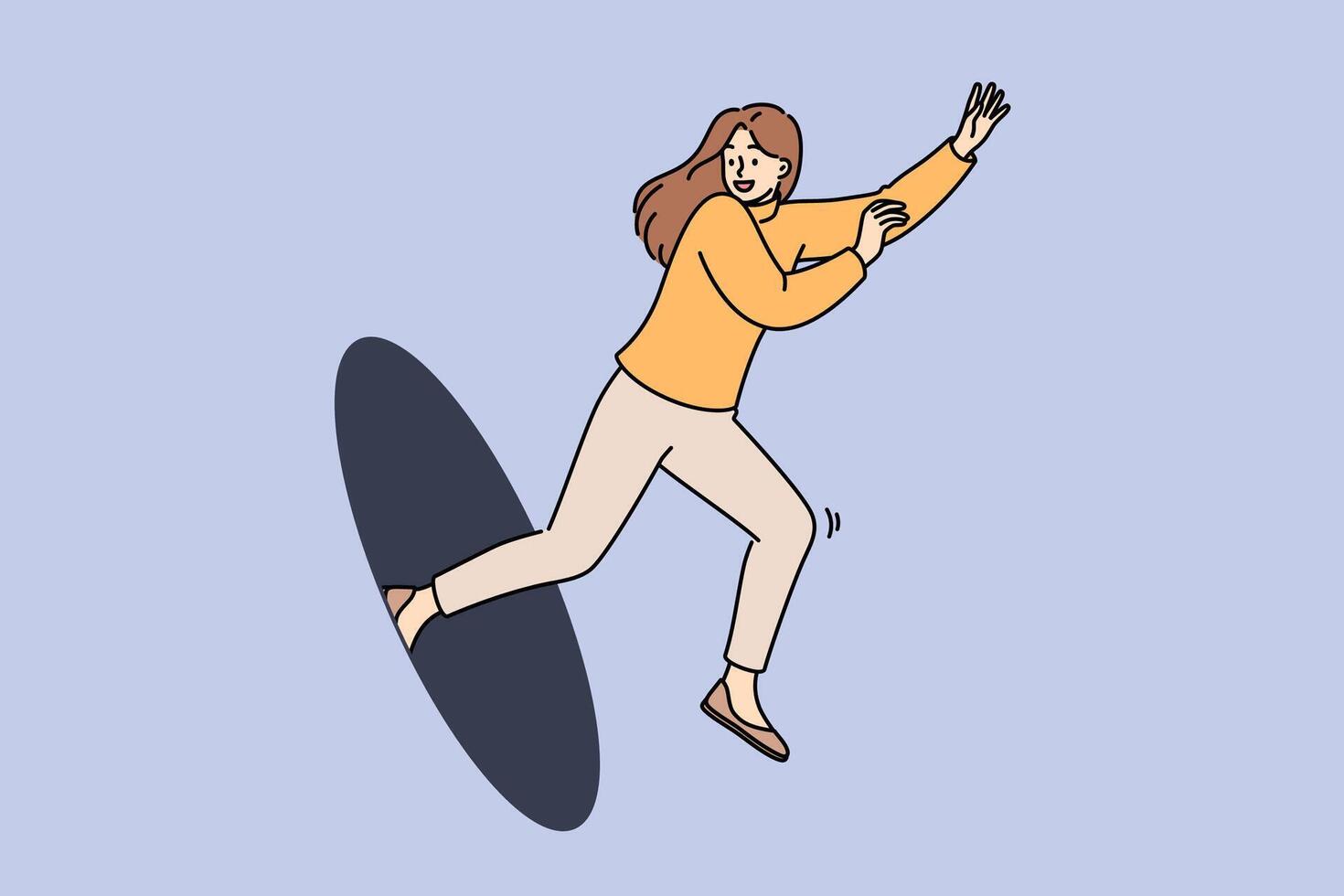Happy woman jumps out of hole, showing readiness to move forward and energetic mood vector