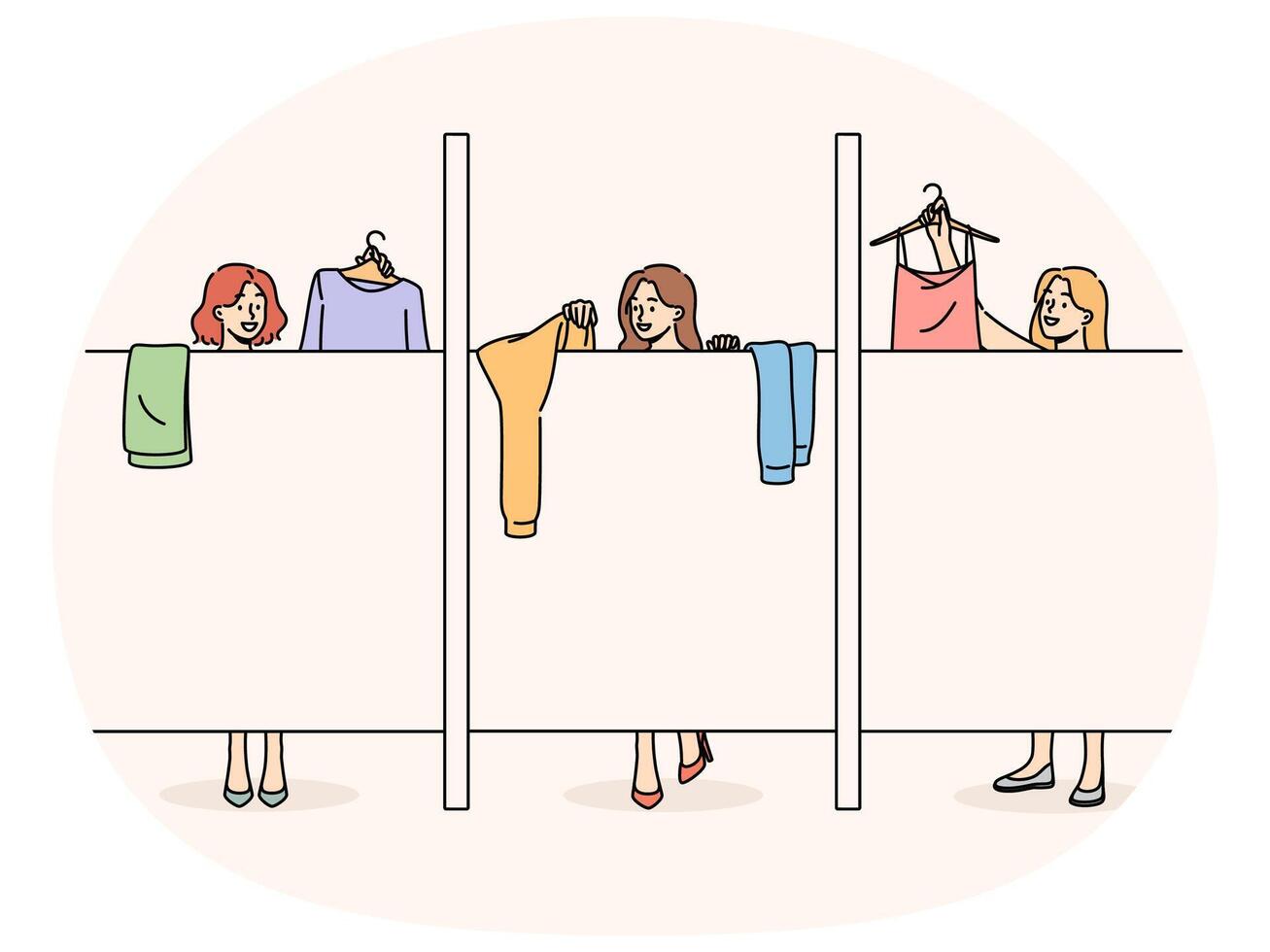 Women change clothes in stores changing room standing behind screen choose clothes before purchasing vector