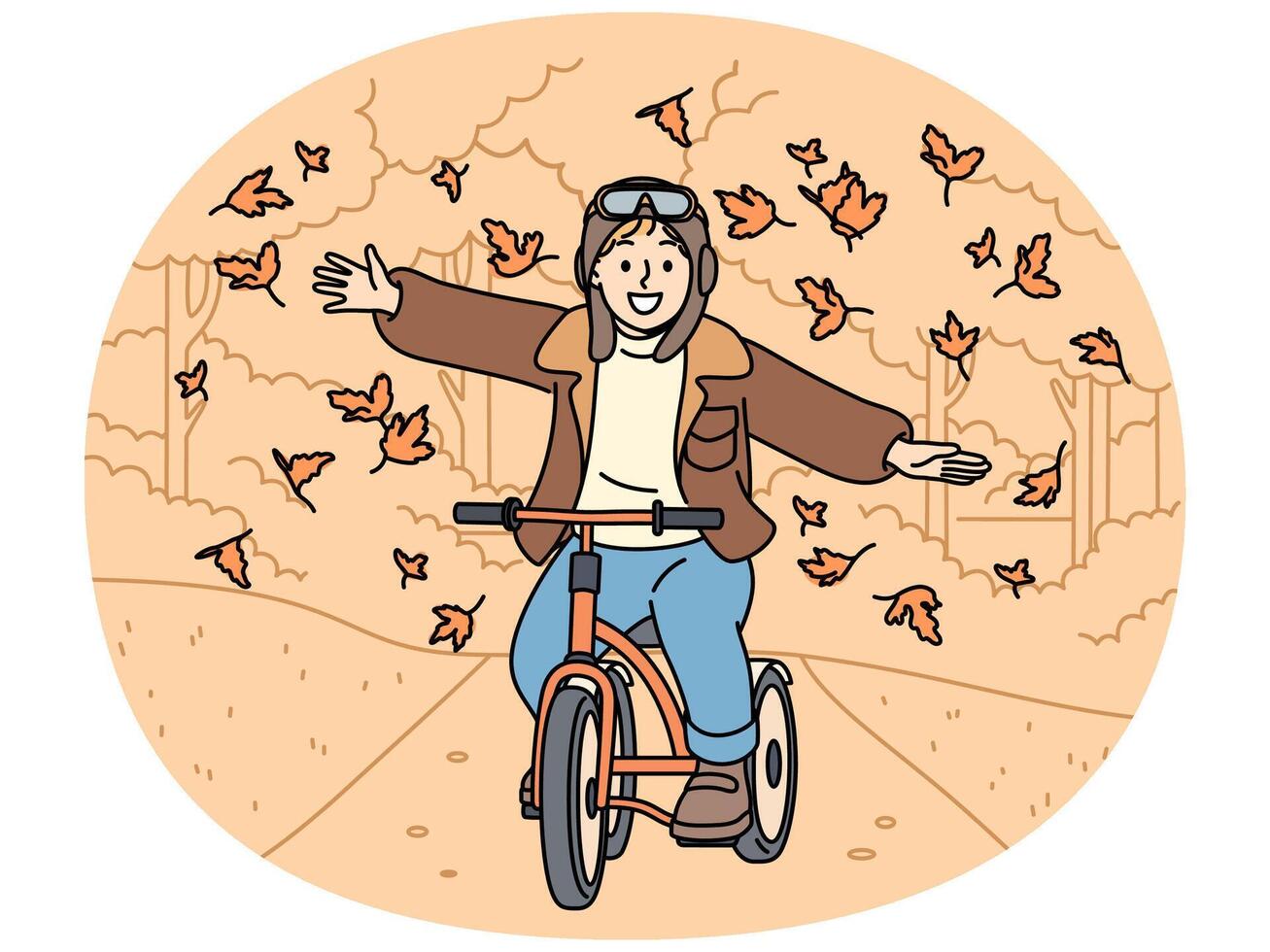 Happy child rides bicycle through autumn park and spreads arms to sides enjoying falling leaves vector