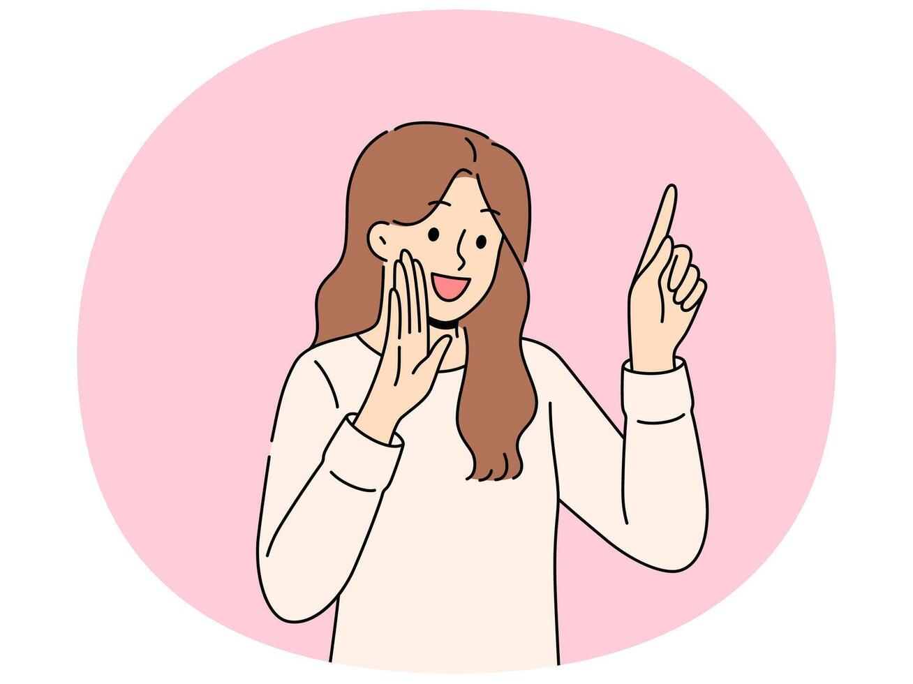 Woman tells secret by putting palm to mouth and pointing finger up recommend paying attention to ads vector