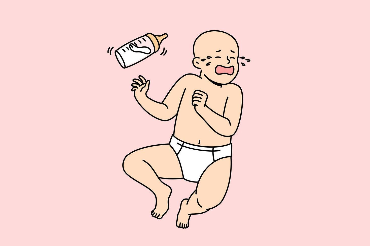 Newborn is crying due to lack of breast milk and use of baby food with chemicals. vector