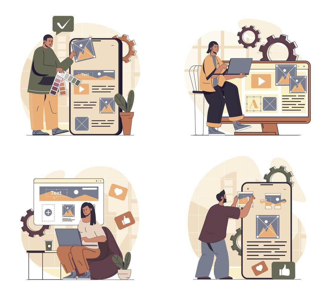 Content manager concept scenes set in flat web design. People in situations of creating photos, images, videos and text contents for webpage filling, planning online posting. illustrations. vector