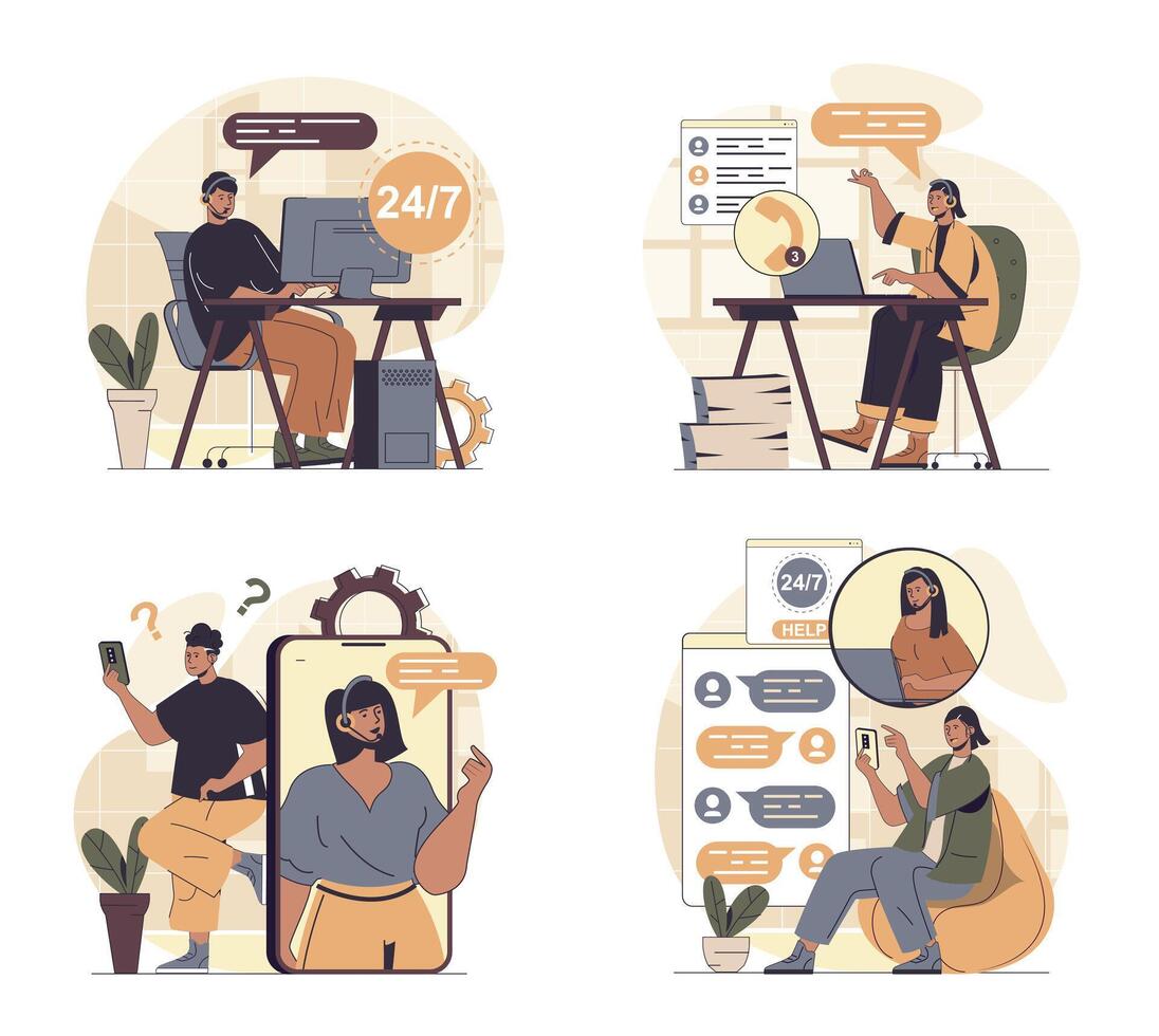Customer service concept scenes set in flat web design. People in situations of consulting online and solving problems, answering clients calls and messages, chatting online. illustrations. vector