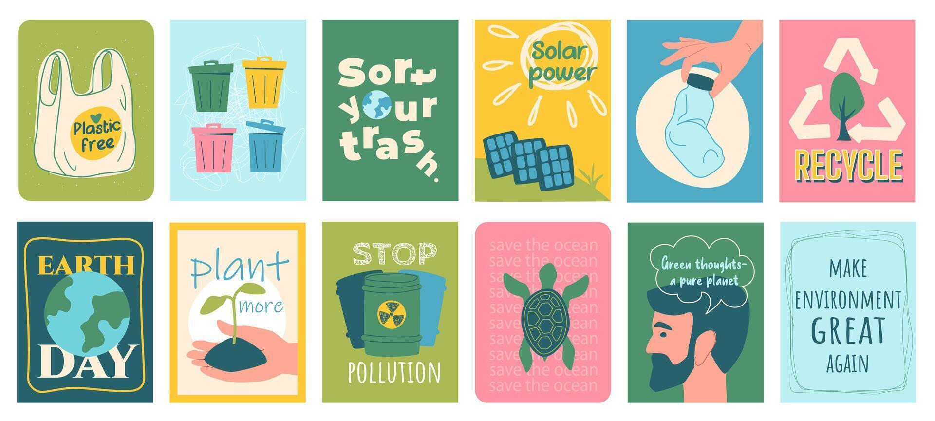 Ecology cover typography template for posters, prints. Minimalistic banners set with plastic free, trash bin, separate, sorting, solar power, recycling, Earth day, plant, other. illustration. vector