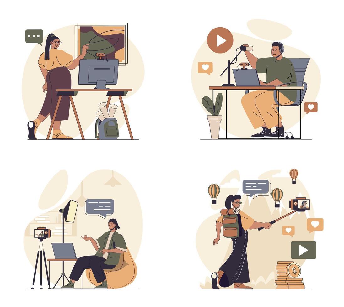 blogging concept scenes set in flat web design. People in situations of recording new videos in art or travel blogs, making live translation, communicating with followers. illustrations. vector